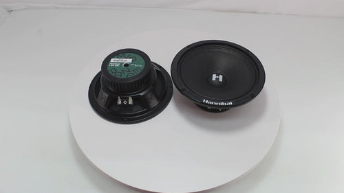Detailed product description of Deaf Bonce HM-6E 6.5" midrange speakers highlighting 80W RMS power, 4 Ohm impedance, and pressed paper cone design.