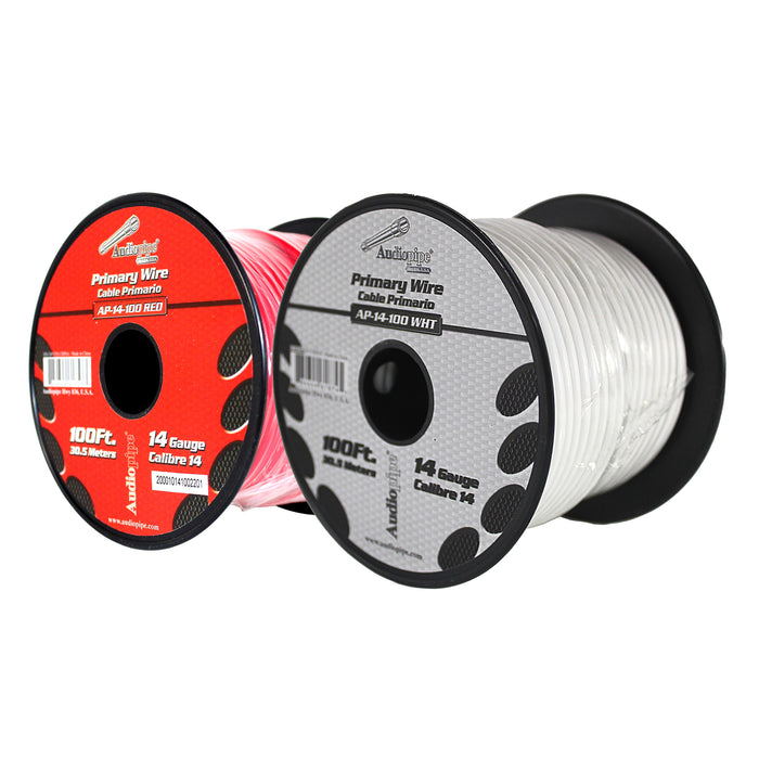 Audiopipe (2) 14ga 100ft CCA Primary Ground Power Remote Wire Spool Red & White