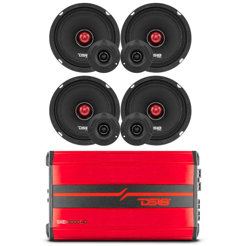 DS18 Four 6.5" 250W RMS Speakers + Four 60W RMS Tweeters and 3000W Amplifier