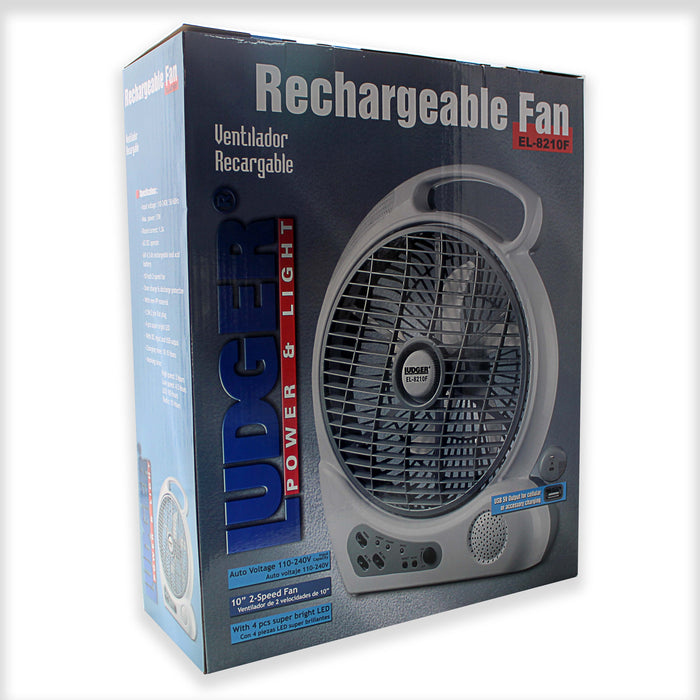 10" 2 Speed Rechargeable Cooling Fan AC/DC Radio USB 5V LED 110 -240 Volts