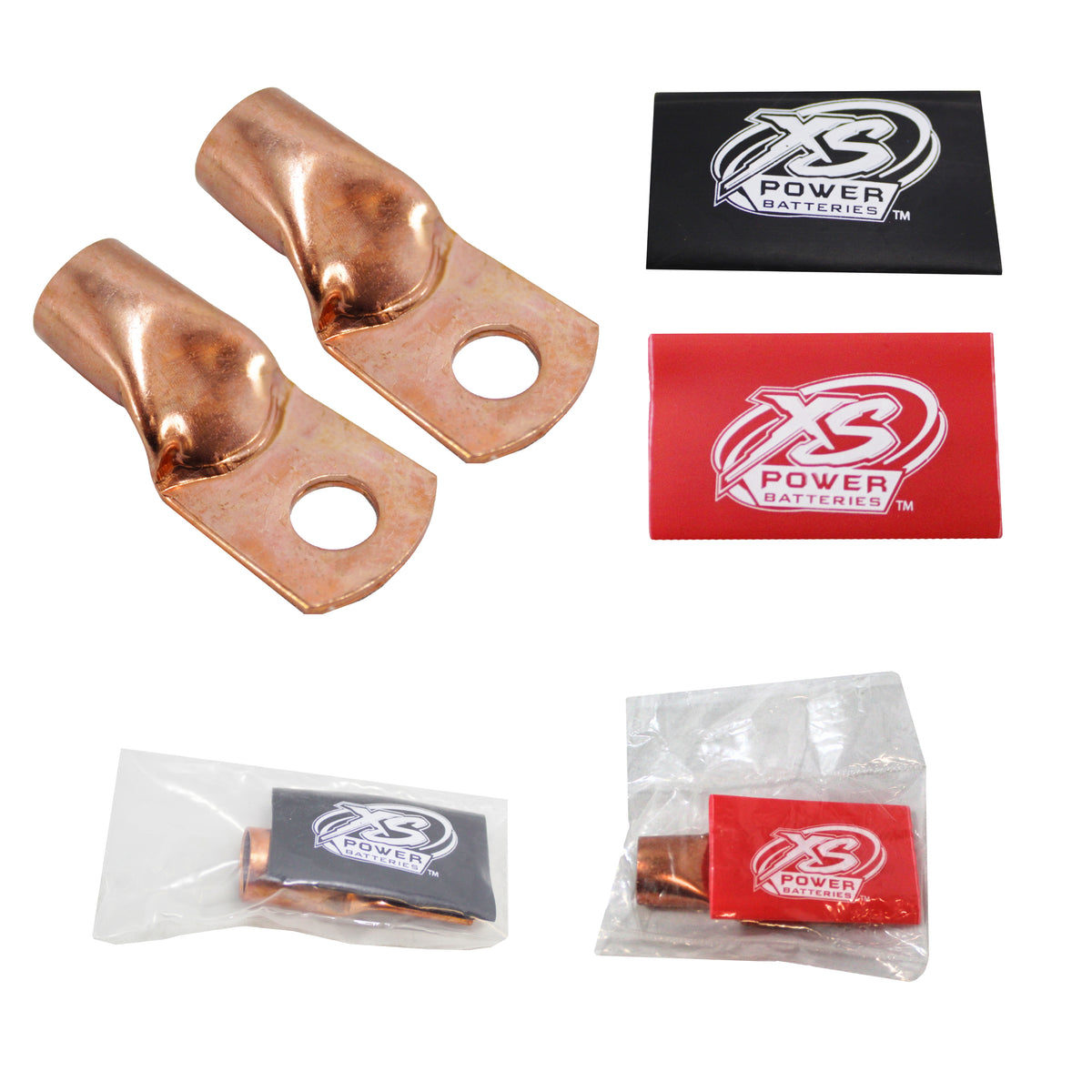XS Power 1/0 Gauge Copper Terminal Rings w/ Rd/Bk Heat Shrink Wrap RT0 ...