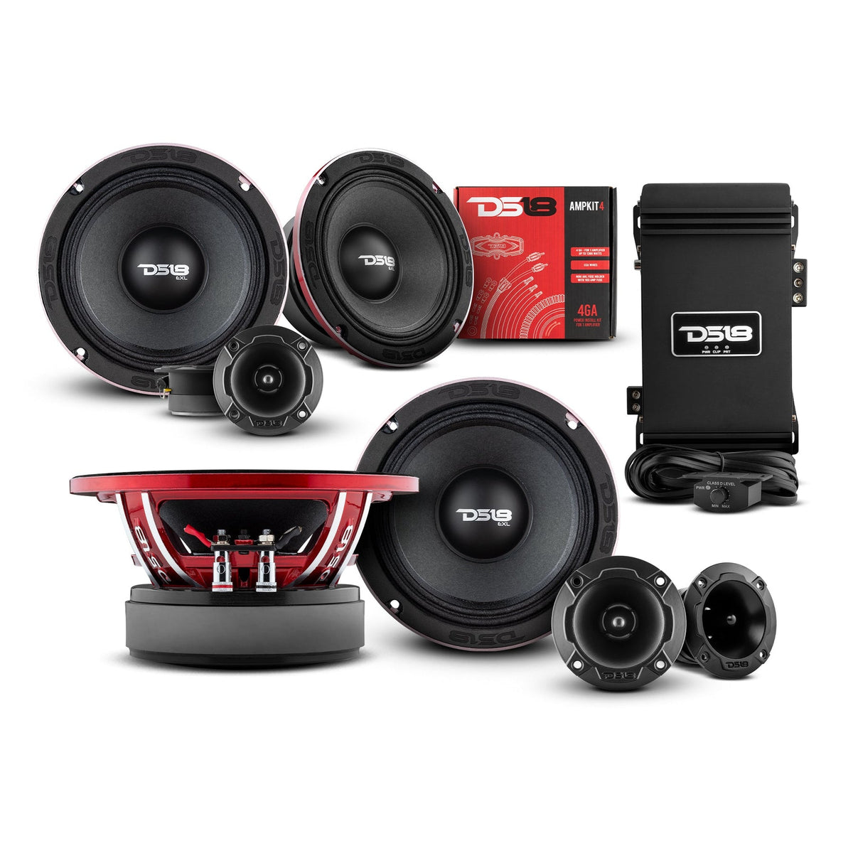 DS18 4x 6.5" Midrange Speakers, 4x Tweeters, Mono Amp & 4 Ga Amp Kit