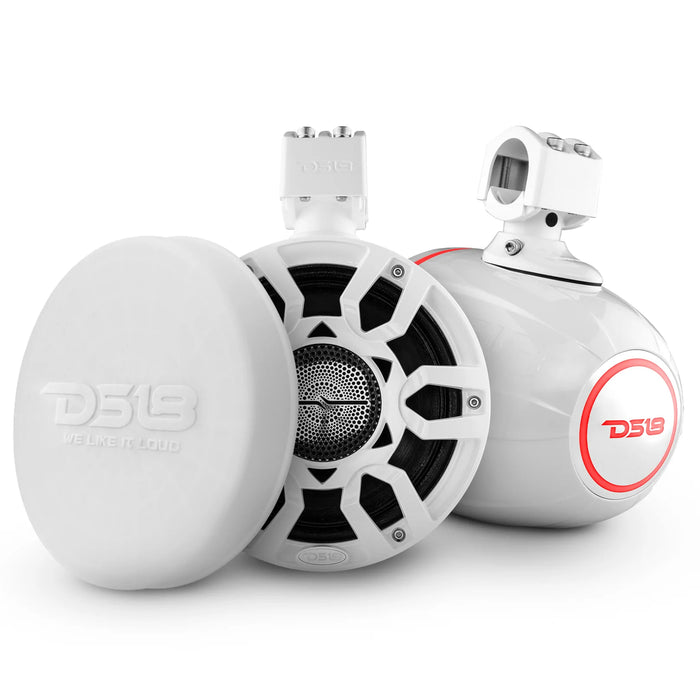 Pair DS18 8" 500W 4 Ohm Marine Wake Tower Speakers RGB LED Matte White w/ Covers