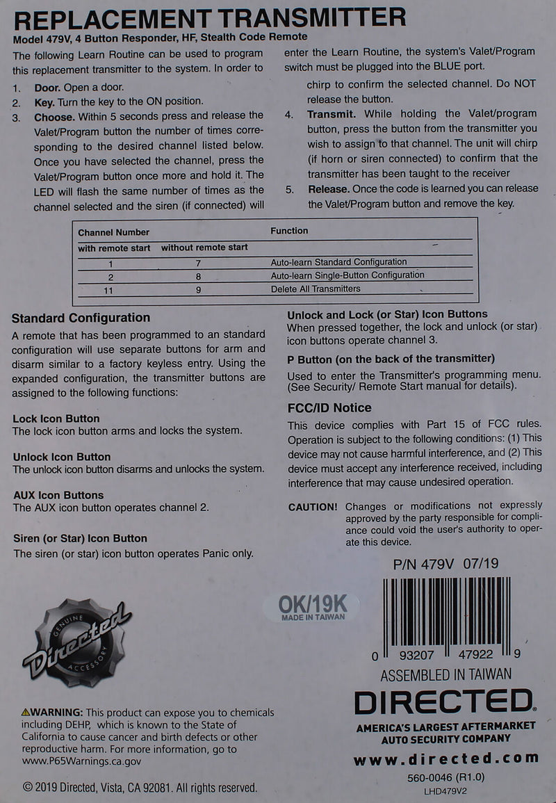 Viper Responder 2-Way LCD Remote Start 4-Button Replacement Transmitter 479V
