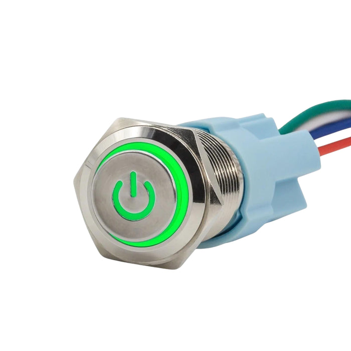 Sparked Innovation illuminated AL latching switch with power symbol (W, GR, PR)