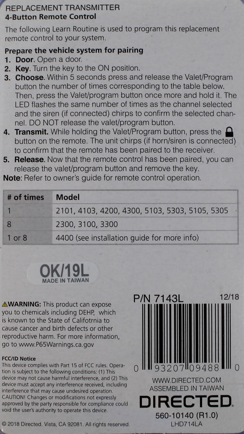 Avital 1-Way 4-Button Replacement Remote 1/4 Mile Range 7143L