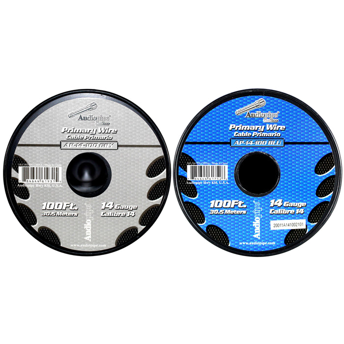 Audiopipe (2) 14ga 100ft CCA Primary Ground Power Remote Wire Spool Blue/Gray