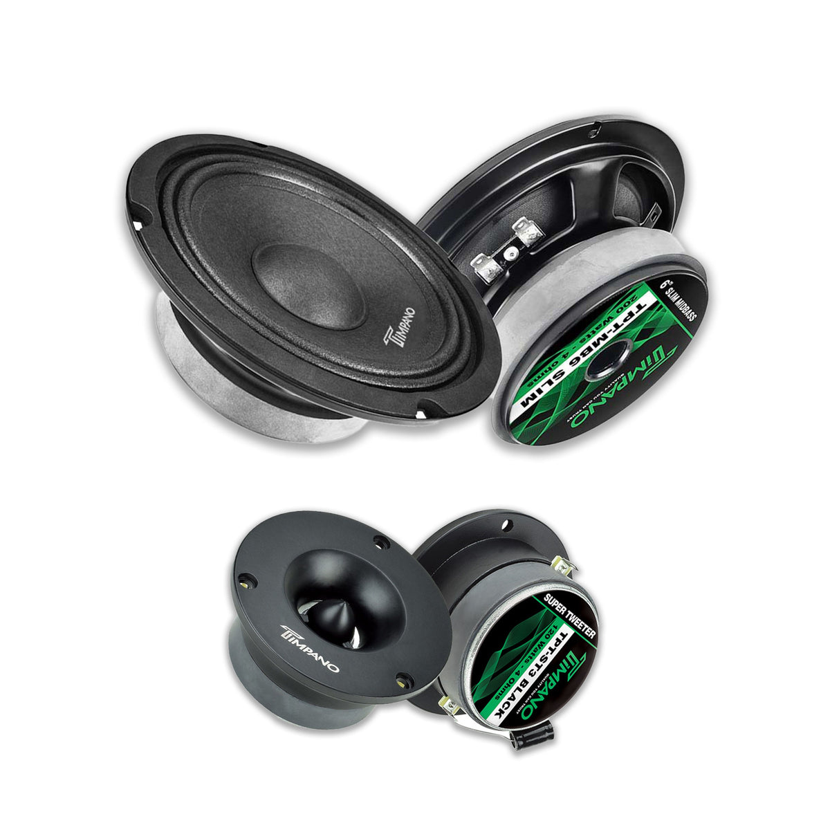 Pair of Timpano 6.5 Mid Bass Speakers w/ Black Bullet Super Tweeters 6 ...