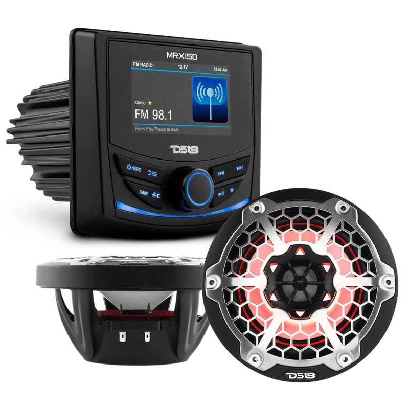 DS18 MRX150 Marine Radio w/ Black 6.5" HYDRO 600W 4Ohm 2-Way RGB Speakers NXL-6M