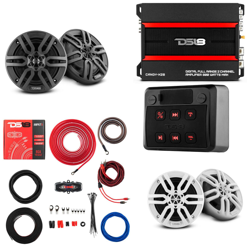 DS18 6.5-Inch Marine Speakers with 2 CH Amplifier Wiring Kit and Universal Receiver Combo