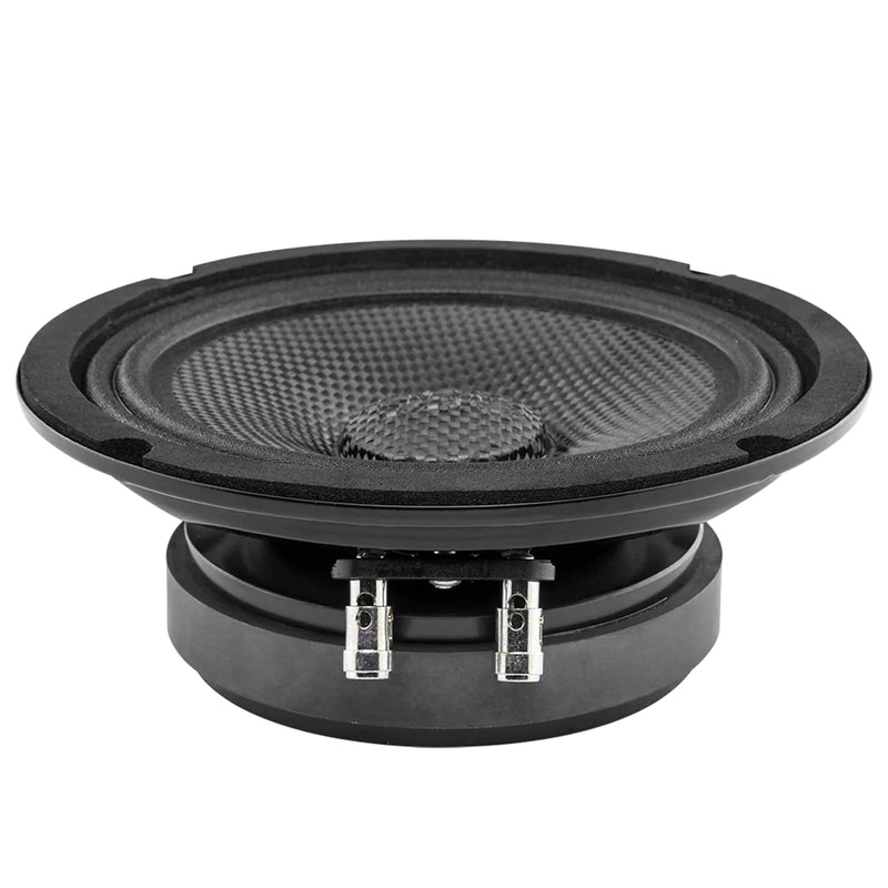 The DS18 PRO-CF6.4 6.5" midrange speaker delivers 500W max power with a waterproof carbon fiber cone, perfect for marine, powersports, and outdoor audio systems. Side view shows top and bottom of Speaker.
