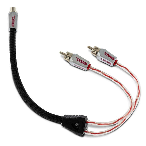 DS18 1F to 2M RCA Splitter Cable | HQRCA-1F2M-RED view of cable all ends visible