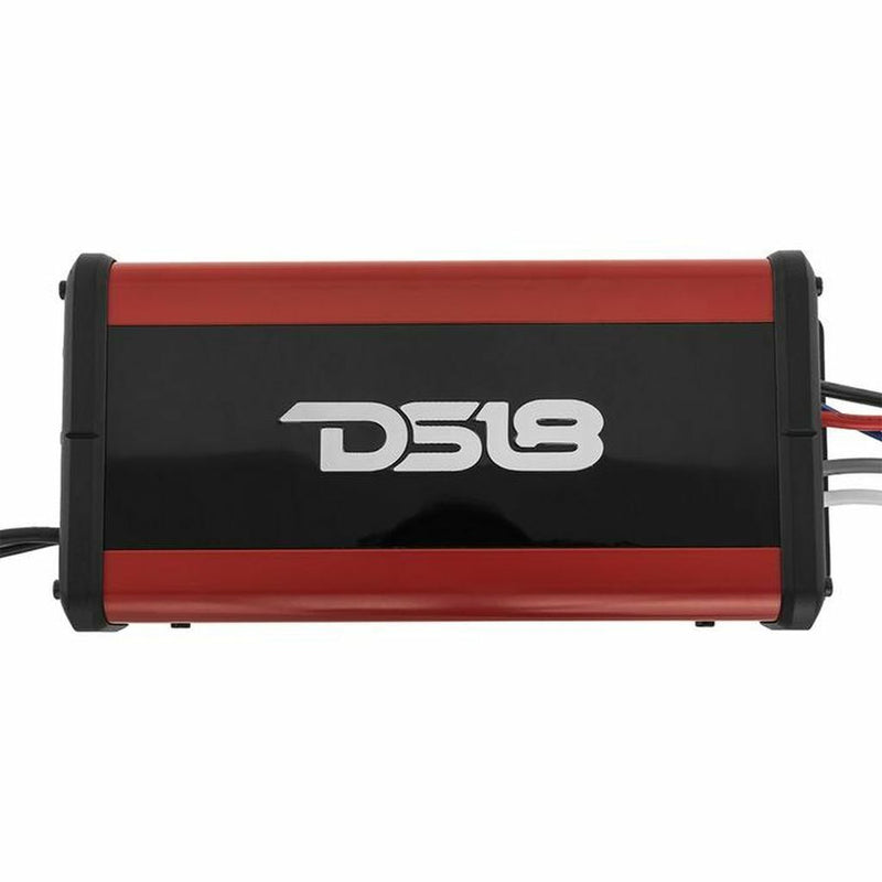 DS18 2-channel micro amp with 600W max power and waterproof design. Perfect for boats, ATVs, UTVs, and outdoor motorsports. Amplifier Front View