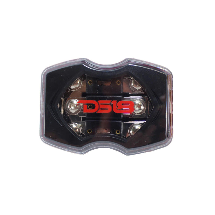 DS18 FHDB3ANL-150A ANL fuse holder with 1x0GA input, 3x4GA outputs, and 3 x 150A fuses. Heat-resistant with nickel-plated contacts Front Facing View
