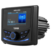 IPX6-rated DS18 MRX150 marine head unit with Bluetooth, AM/FM/WB, USB, AUX, dual-zone audio, and sub control. Built for boats and powersports. Head Unit View