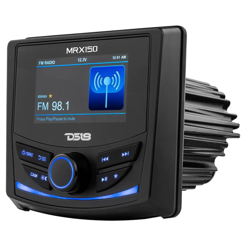 IPX6-rated DS18 MRX150 marine head unit with Bluetooth, AM/FM/WB, USB, AUX, dual-zone audio, and sub control. Built for boats and powersports. Head Unit View