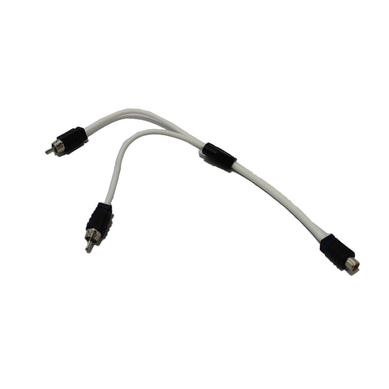 DS18 Marine RCA Y Adaptor | 1 Female to 2 Male OFC Noise Shielded view of cable shows all three connection ends.