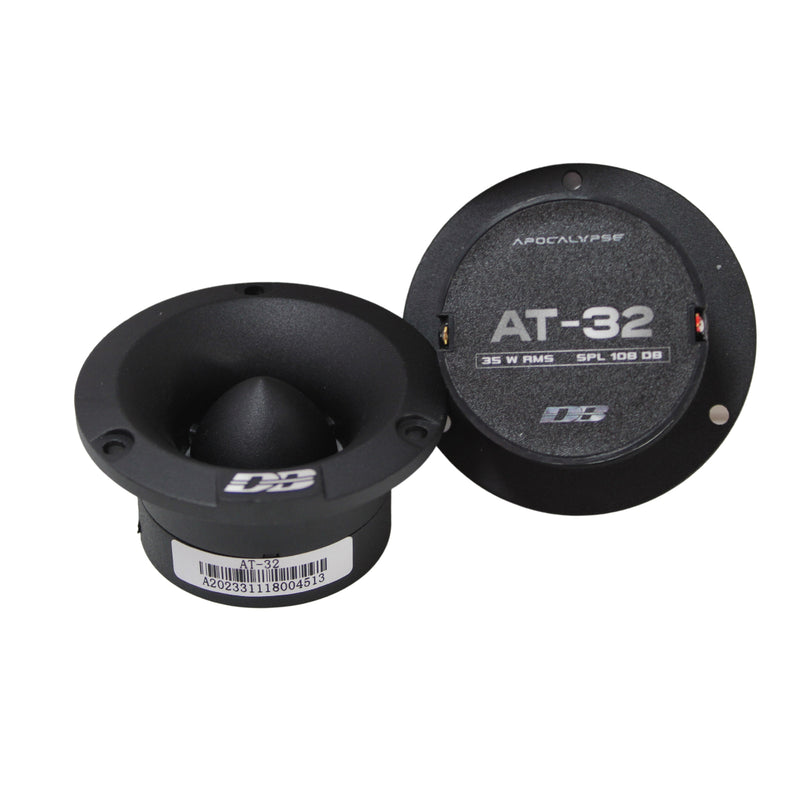 Pair of Deaf Bonce AT-32 tweeters displayed side by side, ideal for enhancing audio detail in car sound systems.