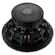 Rear view of the DB-SA252 D1 12-inch subwoofer showing the magnet structure and dual 1-ohm push terminals for flexible wiring.