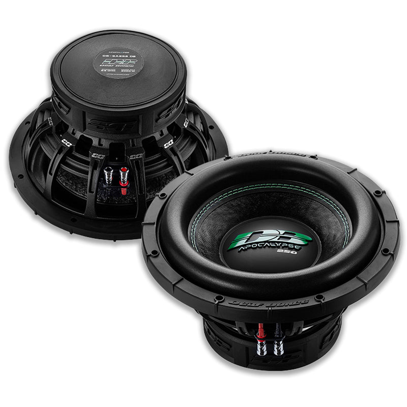  Display of two Deaf Bonce DB-SA252 D1 subwoofers, ideal for high-powered custom car audio builds needing maximum output.