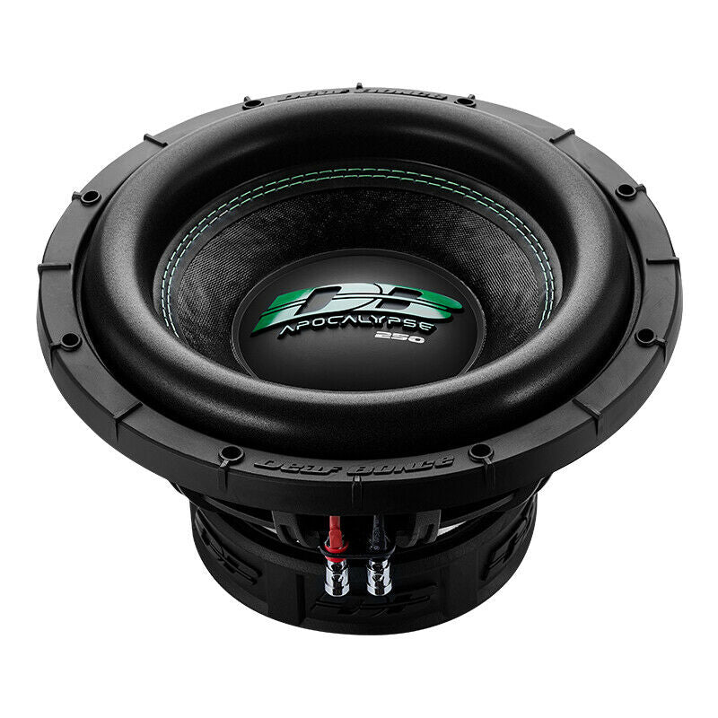 Front view of the Deaf Bonce Apocalypse DB-SA252 D2 12-inch subwoofer, featuring a reinforced cone and high-roll surround for deep, powerful bass.