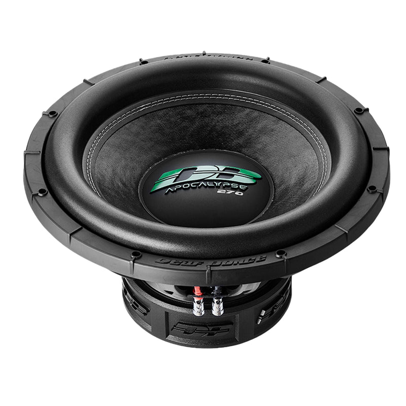 Front view of Deaf Bonce DB-SA275-D2 15" subwoofer showing large cone and Apocalypse logo for high-performance bass output.
