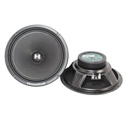 Front and bottom view of Deaf Bonce HM-8E 8" midrange speakers, 160W peak, 4 Ohm, pressed paper cone for car audio systems. Pair