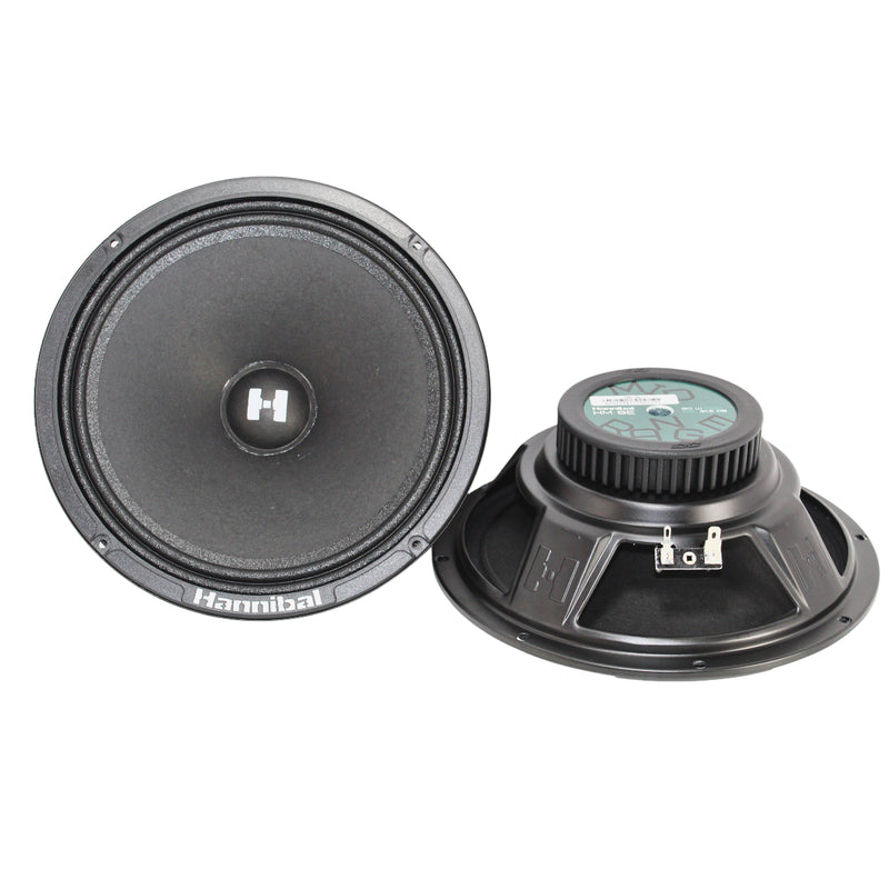 Front and bottom view of Deaf Bonce HM-8E 8" midrange speakers, 160W peak, 4 Ohm, pressed paper cone for car audio systems. Pair