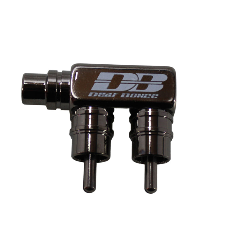 Deaf Bonce Machete MA-1F2M RCA F-Adapter with one female RCA connector and two male RCA plugs, nickel-plated for durability and signal clarity.