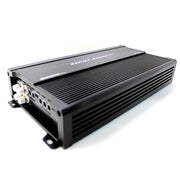 Top angled view of the Deaf Bonce Machete MFA-4.320 4-channel amplifier showing the heat sink design, logo, and control panel layout.