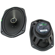 Top and bottom view of Deaf Bonce MFX-69 6x9" coaxial speaker pair showing tweeter and cone design from the Machete Fight Series.