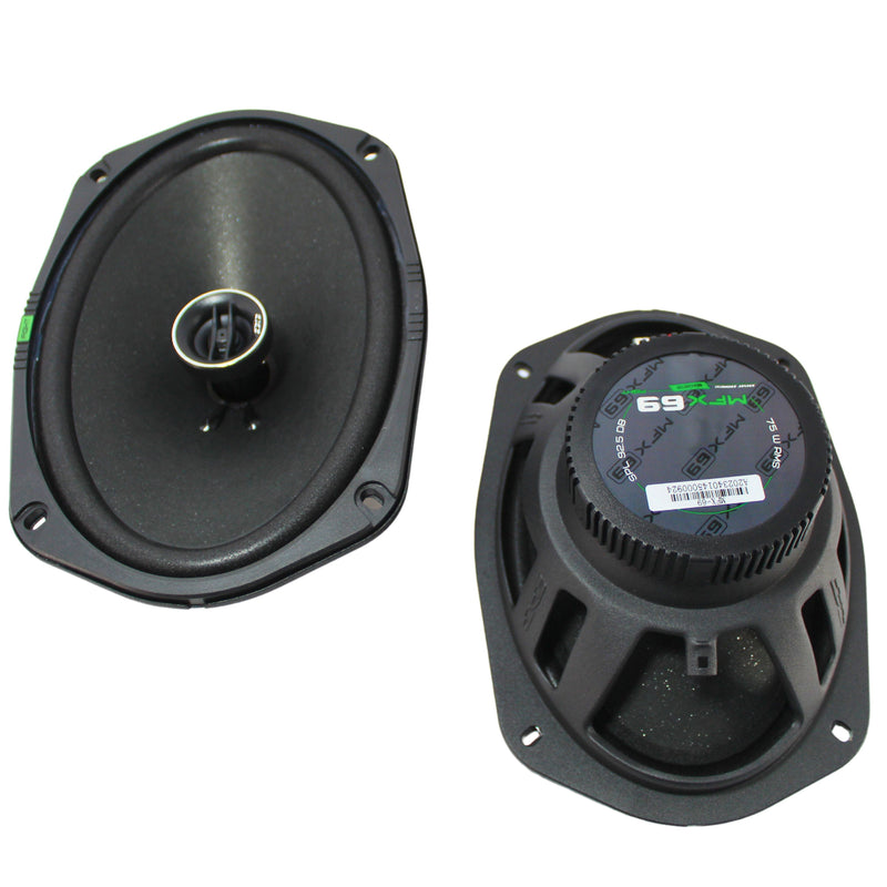Top and bottom view of Deaf Bonce MFX-69 6x9" coaxial speaker pair showing tweeter and cone design from the Machete Fight Series.