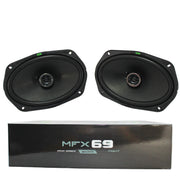 Deaf Bonce MFX-69 6x9" Coaxial Speakers – Top View (Pair) and side view of packaging box.