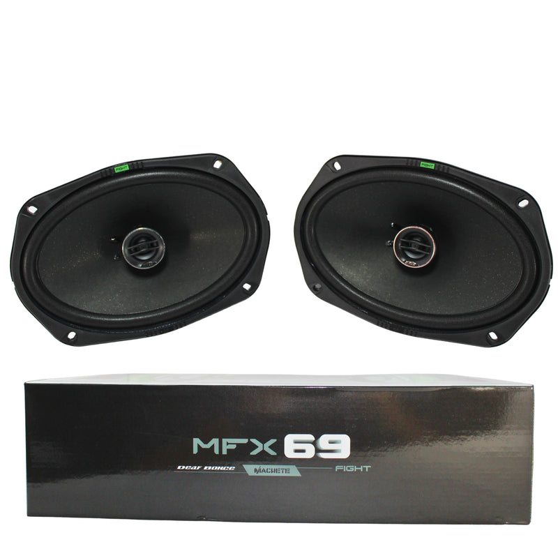 Deaf Bonce MFX-69 6x9" Coaxial Speakers – Top View (Pair) and side view of packaging box.