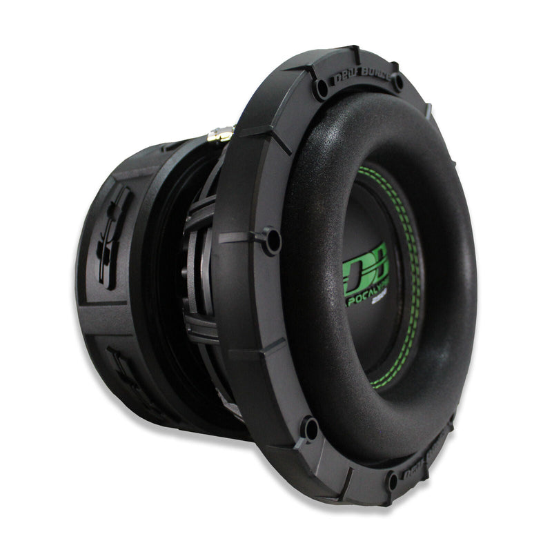 Side profile of the SA2508-D2 8" subwoofer, revealing its vented motor structure, rugged basket, and dual voice coil terminals for flexible wiring.