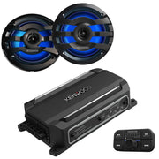 Kenwood KAC-M5024BT 4-ch Bluetooth amp + 4x 6.5" LED 100W RMS 4-Ohm speakers. IP67 rated, built for boats, UTVs, and rugged outdoor audio setups. Bundle view front of included products.