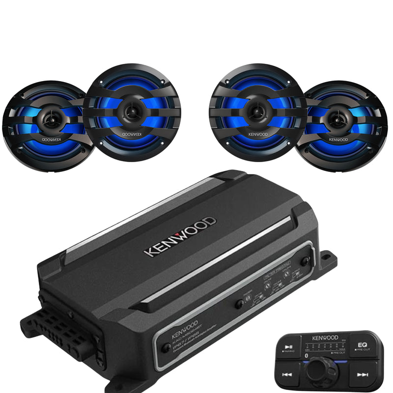 Kenwood KAC-M5024BT 4-ch Bluetooth amp with 4x 6.5" LED 100W RMS 4-Ohm speakers. IP67 rated, waterproof, perfect for boats, UTVs, and outdoor adventures. Bundle front of products view.