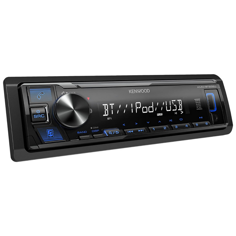 Kenwood KMM-BT232U mechless receiver with 22W RMS x4 @ 4 Ohms. Bluetooth, USB, AUX, 13-band EQ, FLAC support. No CD, perfect for digital audio lovers. Front display view