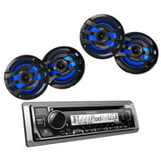 Kenwood KMR-D382BT Marine CD Receiver + 4x 100W RMS 4-Ohm Speakers Bundle image showing front view of all included product.