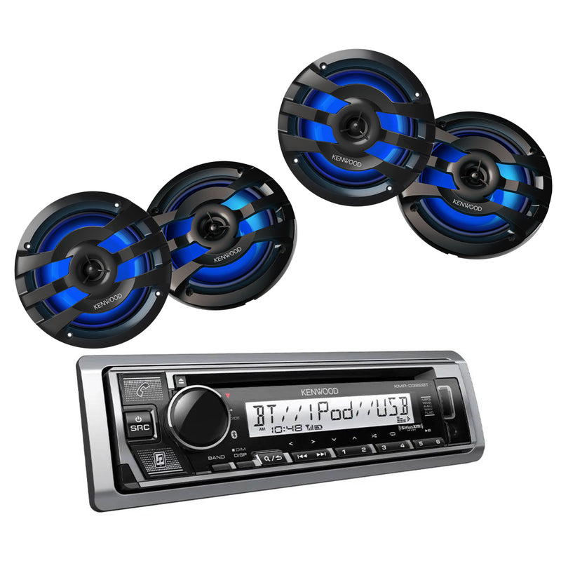 Kenwood KMR-D382BT Marine CD Receiver + 4x 100W RMS 4-Ohm Speakers Bundle image showing front view of all included product.
