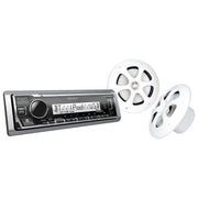 Kenwood KW-PKG-MR3321BT Marine Audio, 22 Watt RMS Receiver + Speakers main display front view and spears side front view
