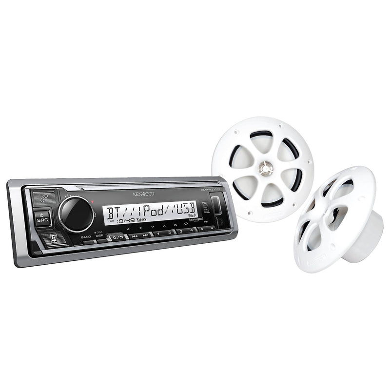 Kenwood KW-PKG-MR3321BT Marine Audio, 22 Watt RMS Receiver + Speakers main display front view and spears side front view