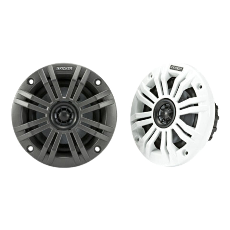 Kicker 45KM42 4" marine coaxial speakers pair, 2-ohm for more output, 50W RMS 150W peak, UV-treated, sealed motor, 2-way sound. Speaker Pair Image
