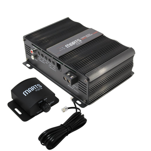 Marts Digital MXD-1000-2 delivers 1000W RMS at 2 Ohm. Compact Class D mono amplifier with bass knob, high efficiency, and clean 95dB S/N. Built in Brazil Amplifier Angled View