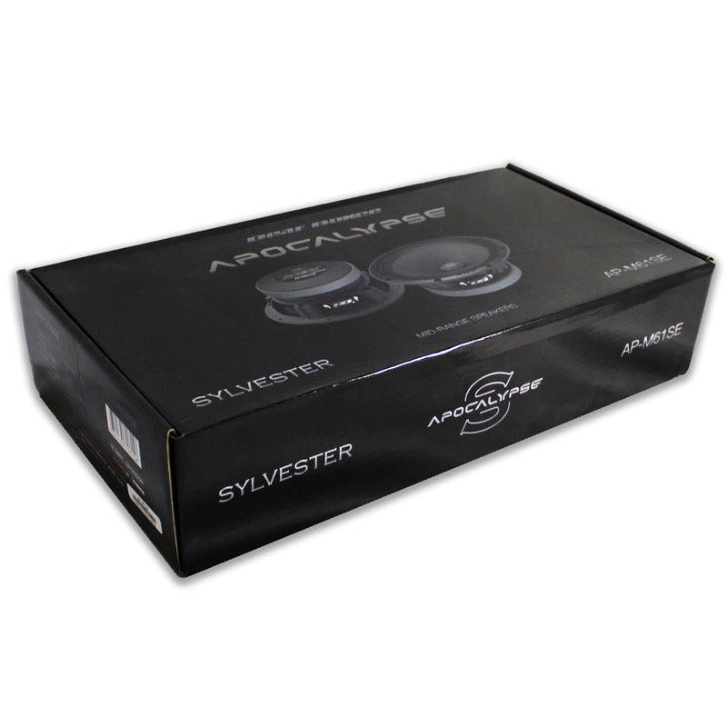Pair of Deaf Bonce Apocalypse 6.5" Midrange Speakers 130W RMS 4-Ohm AP-M61SE top down side angle picture of product box.