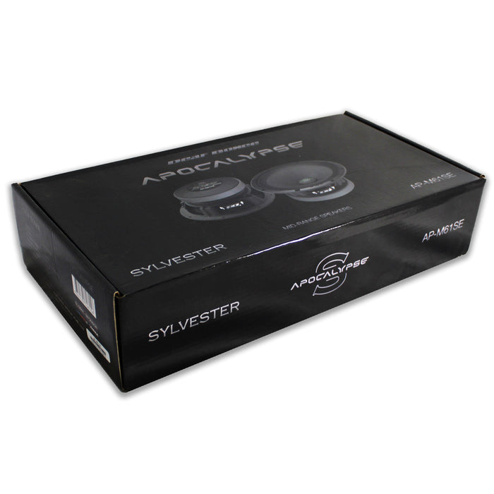 Pair of Deaf Bonce Apocalypse 6.5" Midrange Speakers 130W RMS 4-Ohm AP-M61SE top down side angle picture of product box.