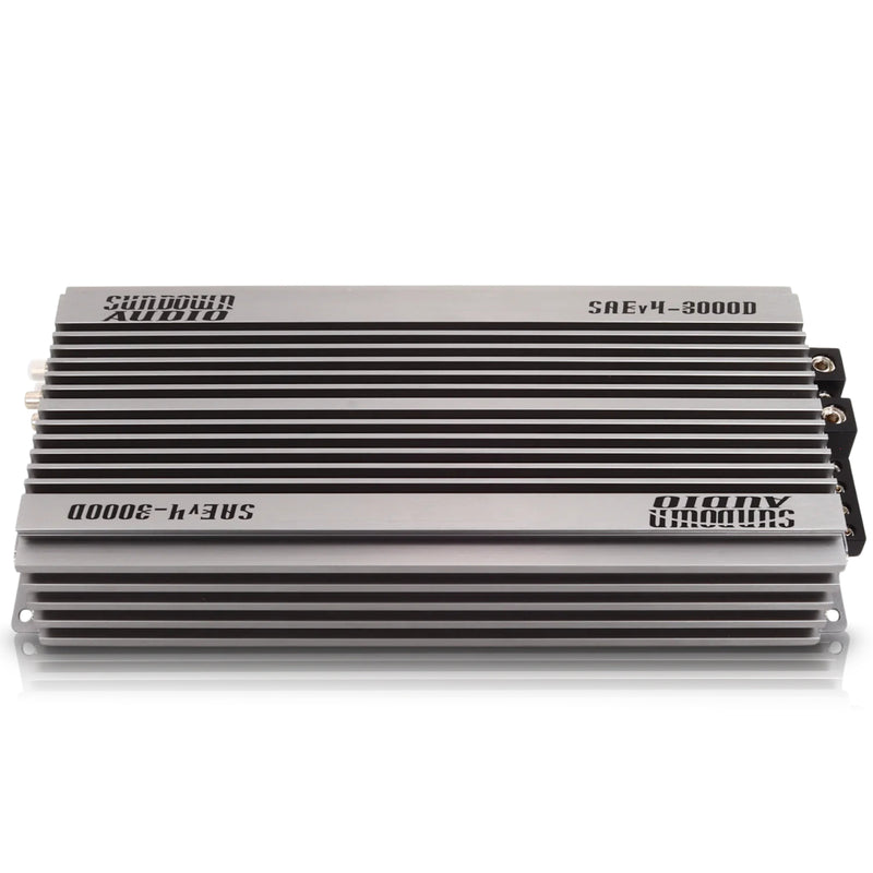 Sundown Audio SAE-3000-V4 3000-watt 1-ohm stable monoblock Class-D car audio amplifier, black aluminum chassis, top view on white background