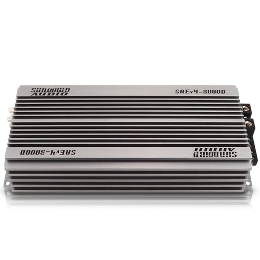 Sundown Audio SAE-3000-V4 3000-watt 1-ohm stable monoblock Class-D car audio amplifier, black aluminum chassis, top view on white background