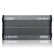 Sundown SAM-100.4 delivers 400W in a compact 4-channel Class D design. IP67 waterproof with built-in Bluetooth for marine, motorcycle, and powersports. Amplifier Front View