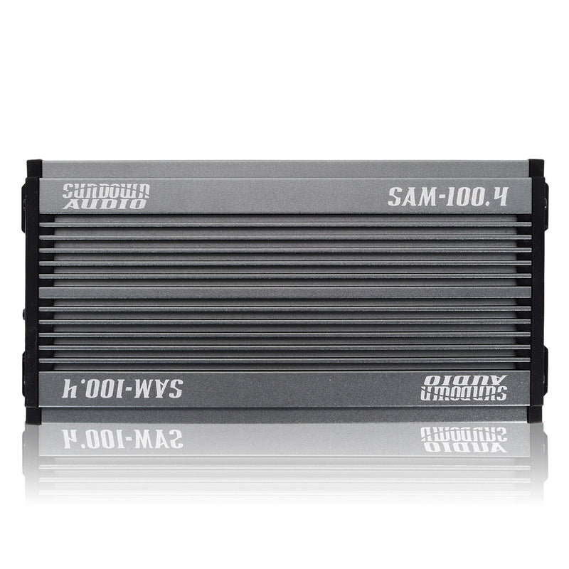 Sundown SAM-100.4 delivers 400W in a compact 4-channel Class D design. IP67 waterproof with built-in Bluetooth for marine, motorcycle, and powersports. Amplifier Front View